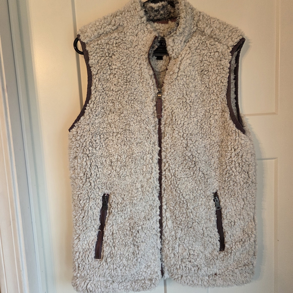 True Grit Sherpa Fleece Vest Mens Small‎ Cream Brown Full Zip Outdoor Pile Gilet